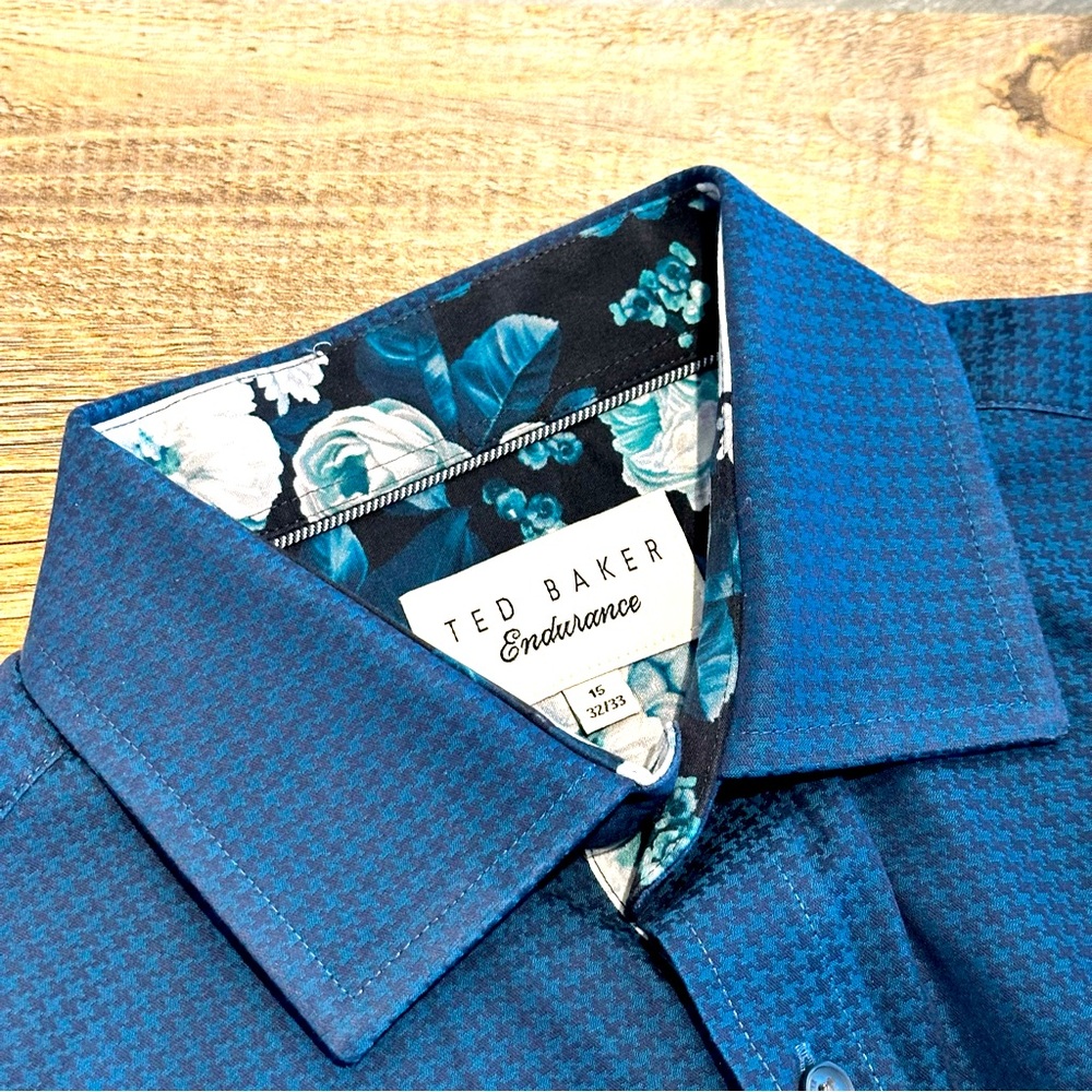Ted Baker Endurance Blue Houndstooth Contrast Cuff Men’s Shirt 15 x 32/33